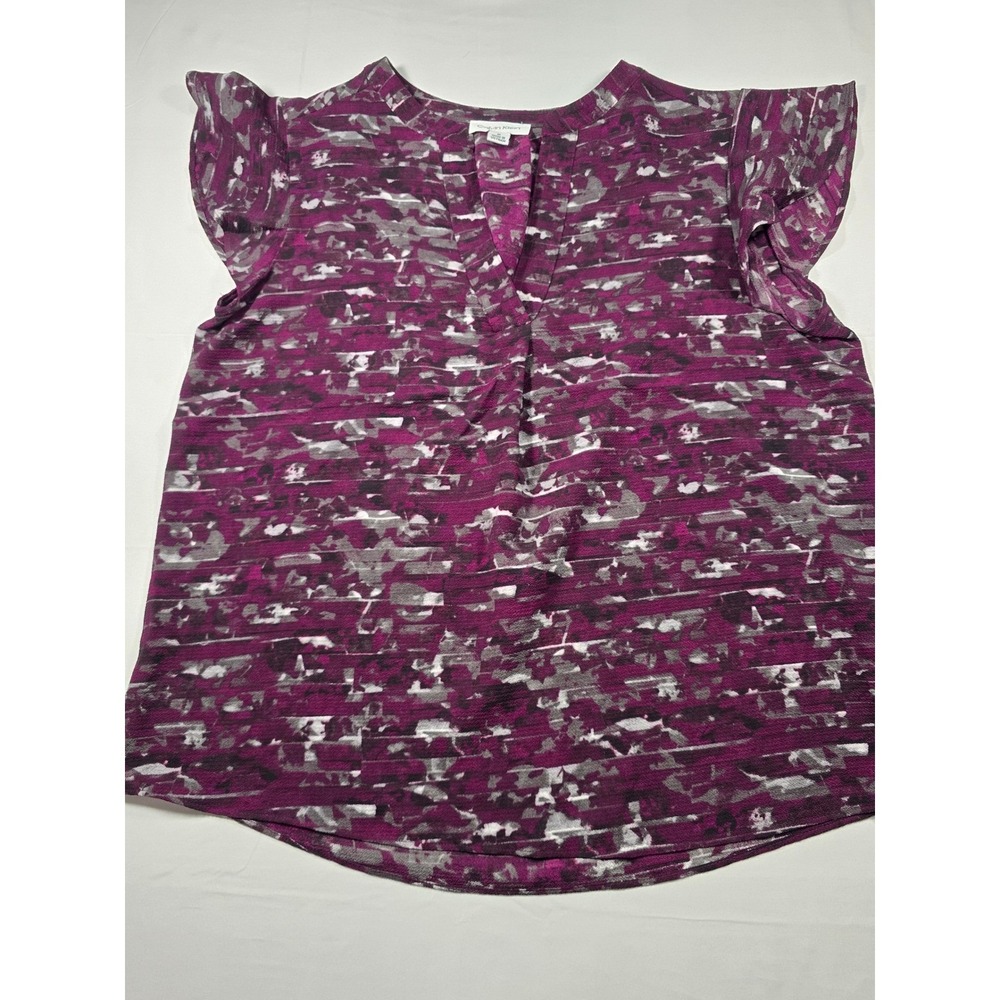 Calvin Klein Purple Abstract Print Flutter Sleeve V-Neck Blouse Womens Medium